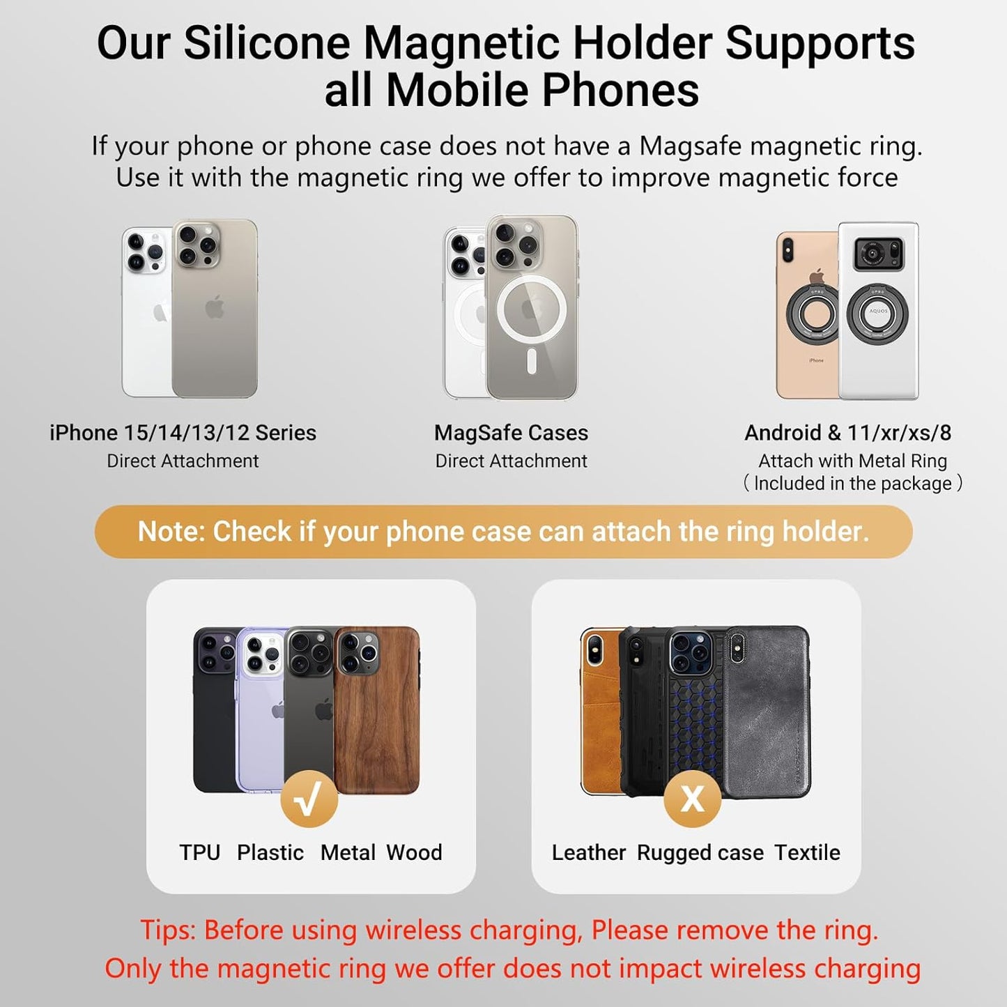 OPSO Magnetic Phone Ring Holder for MagSafe, 360 Degree Rotation Silicone Finger Ring Grip Stand Holder, Adjustable Kickstand, Compatible with iPhone 16 15 14 13 12/Pro/Max, Samsung and All Smartphone