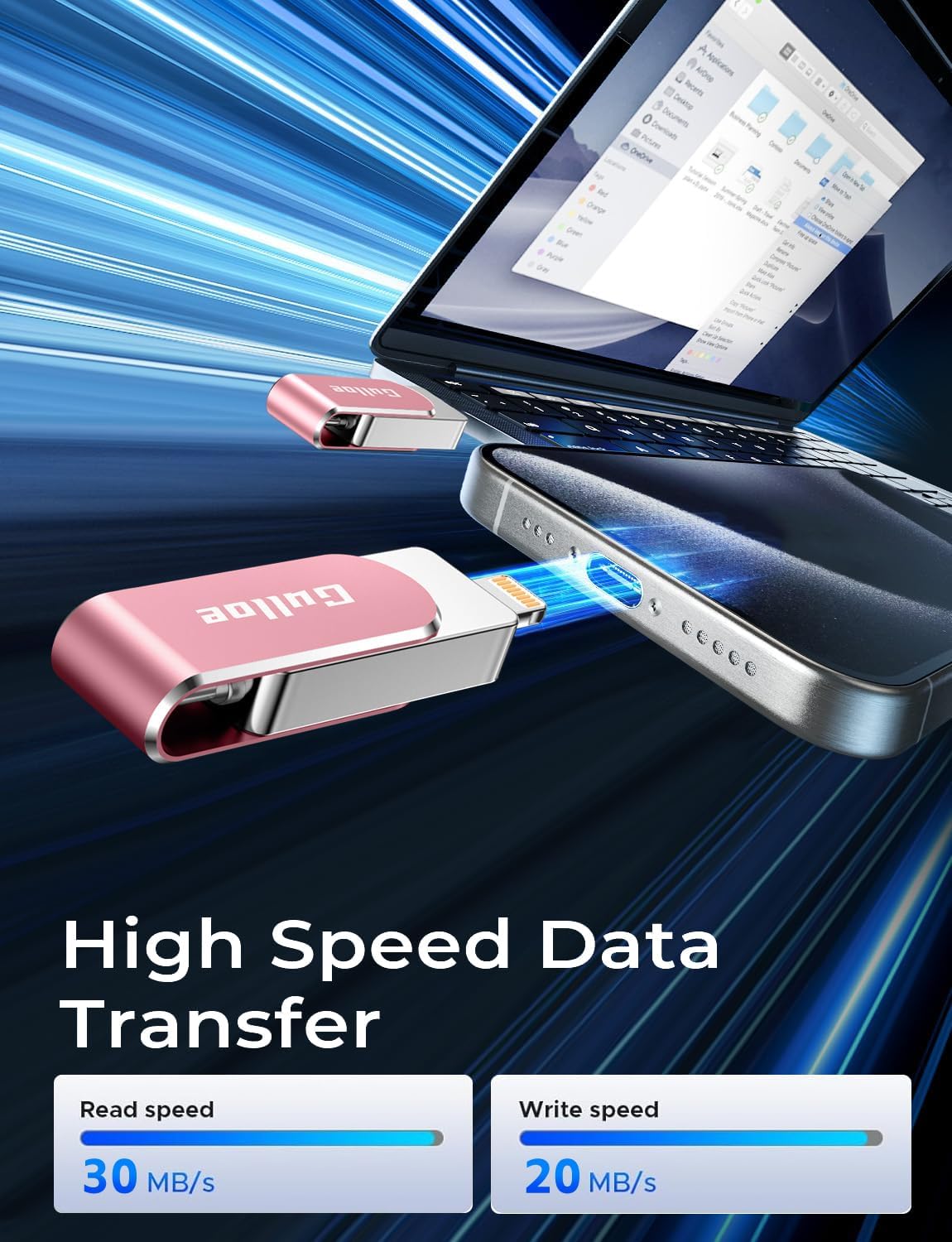 Gulloe 256GB Flash Drive Intended for iPhone, Memory Stick Storage for Photos and Videos Backup, Compatible with iPhone iPad Android PC, Plug and Play, No Application Required (Pink)