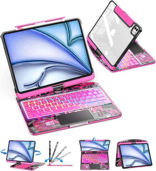 SIEBITU Clear Wireless Keyboard Case for iPad Air 11-inch (M3 2025/M2 2024) & iPad Pro 11-inch 4th 3rd 2nd 1st Gen, 7-Color Backlit with Multi-Touch Trackpad for 10.9" iPad Air 4th/5th Gen, Pink