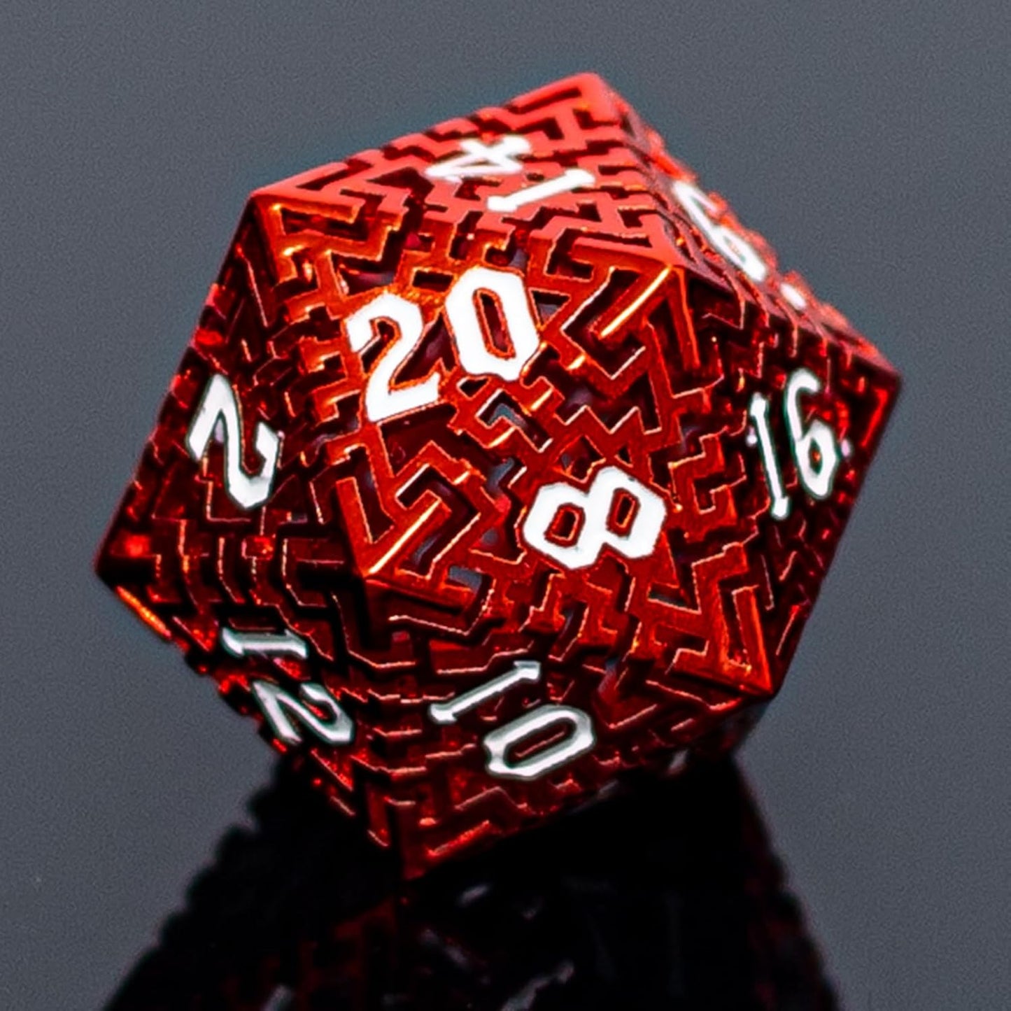 Red Metal Hollow DND Dice Set (Barbarian) Metallic Luster Maze Design with Storage Box - Balanced Weight 7 Piece Zinc Alloy, Designed for Dungeons and Dragons DM and Player RPG Accessories