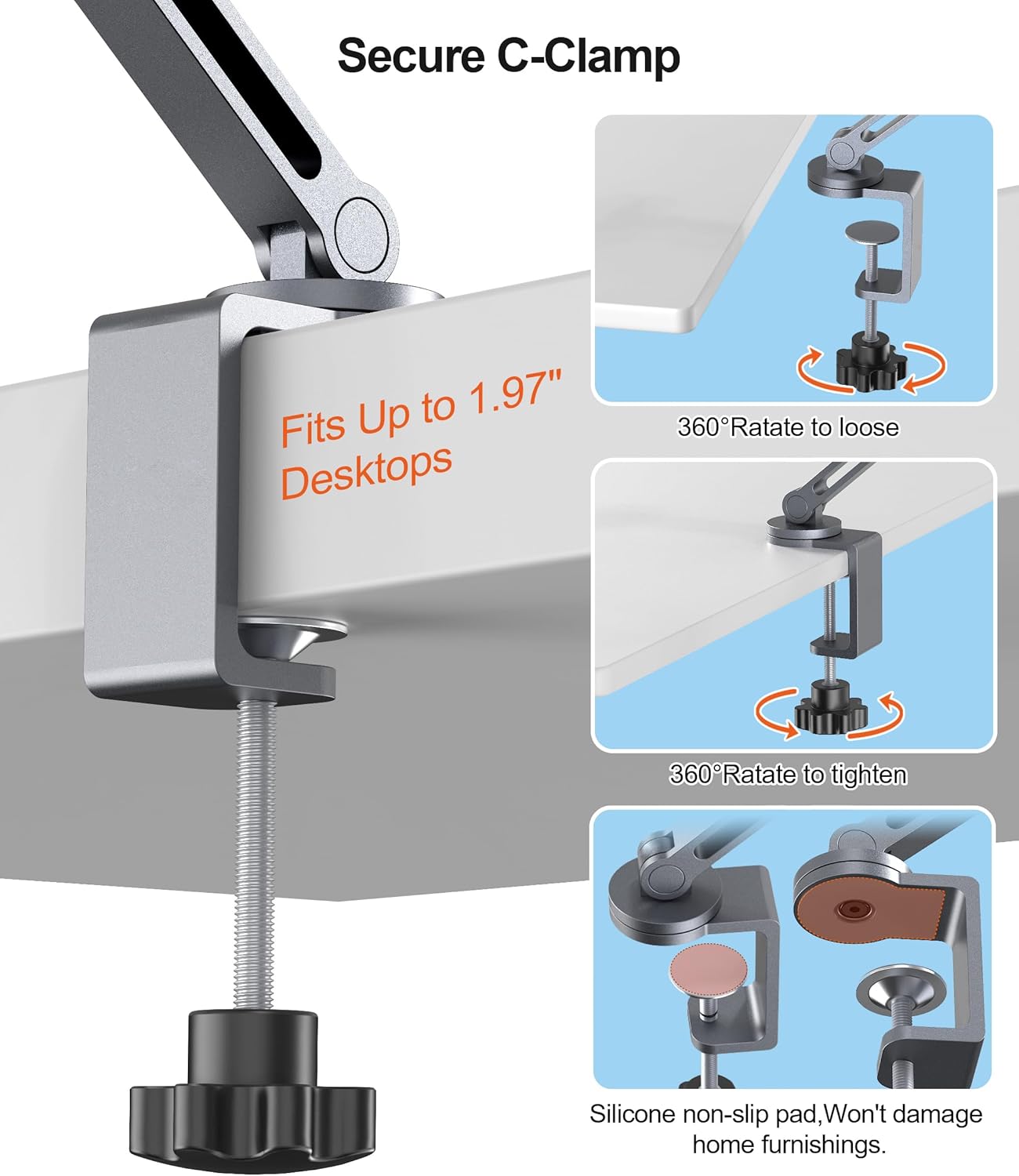 Tablet Arm Mount with Super Grip, Adjustable Foldable Holder & Heavy Duty Aluminum 360° Rotating Clamp for iPad, Phone, Monitor, Kindle - Universal for Desk, Bed, Kitchen - Gray