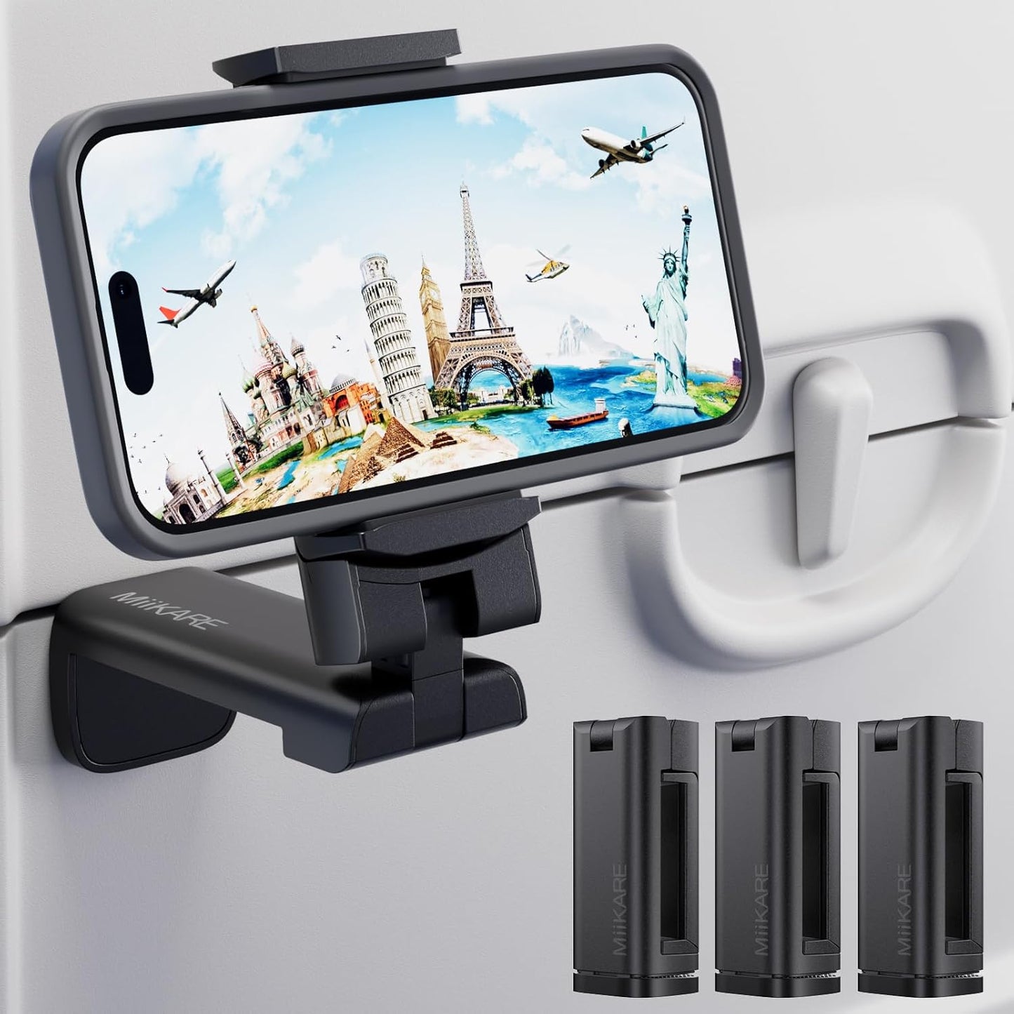 MiiKARE Airplane Travel Essentials Phone Holder, Universal Handsfree Phone Mount for Flying with 360 Degree Rotation, Accessory for Airplane, Travel Must Haves Phone Stand for Desk, Black&Black&Black