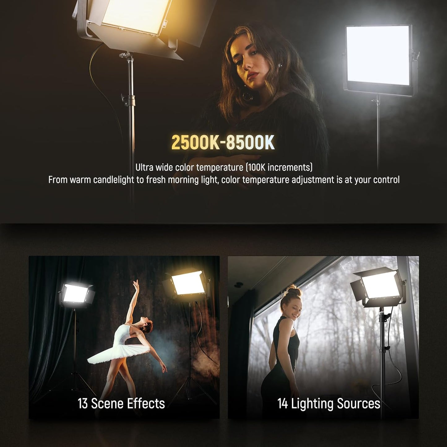 NEEWER 100W Bi Color LED Panel Video Light Kit, 960 LEDs 38600Lux@0.5m 2500K-8500K CRI96+/TLCI97+ 0-100% Dimming, APP/2.4G/Panel/DMX Control for Pro Studio Photography Recording Stage Lighting, AP100B
