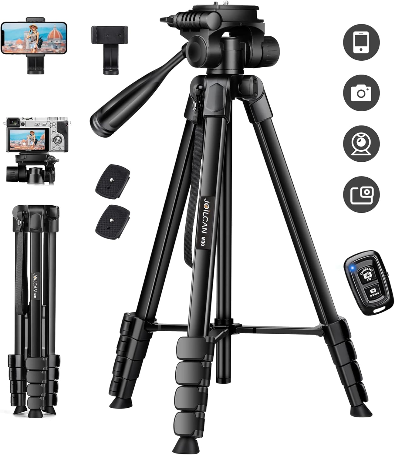 JOILCAN Phone Tripod, 68" Tripod for Phone Stand Video Recording Photos, Travel Floor Tripods Compatible with iPhone Canon Nikon DSLR, Cell Phone Tripods with Remote/Travel Bag