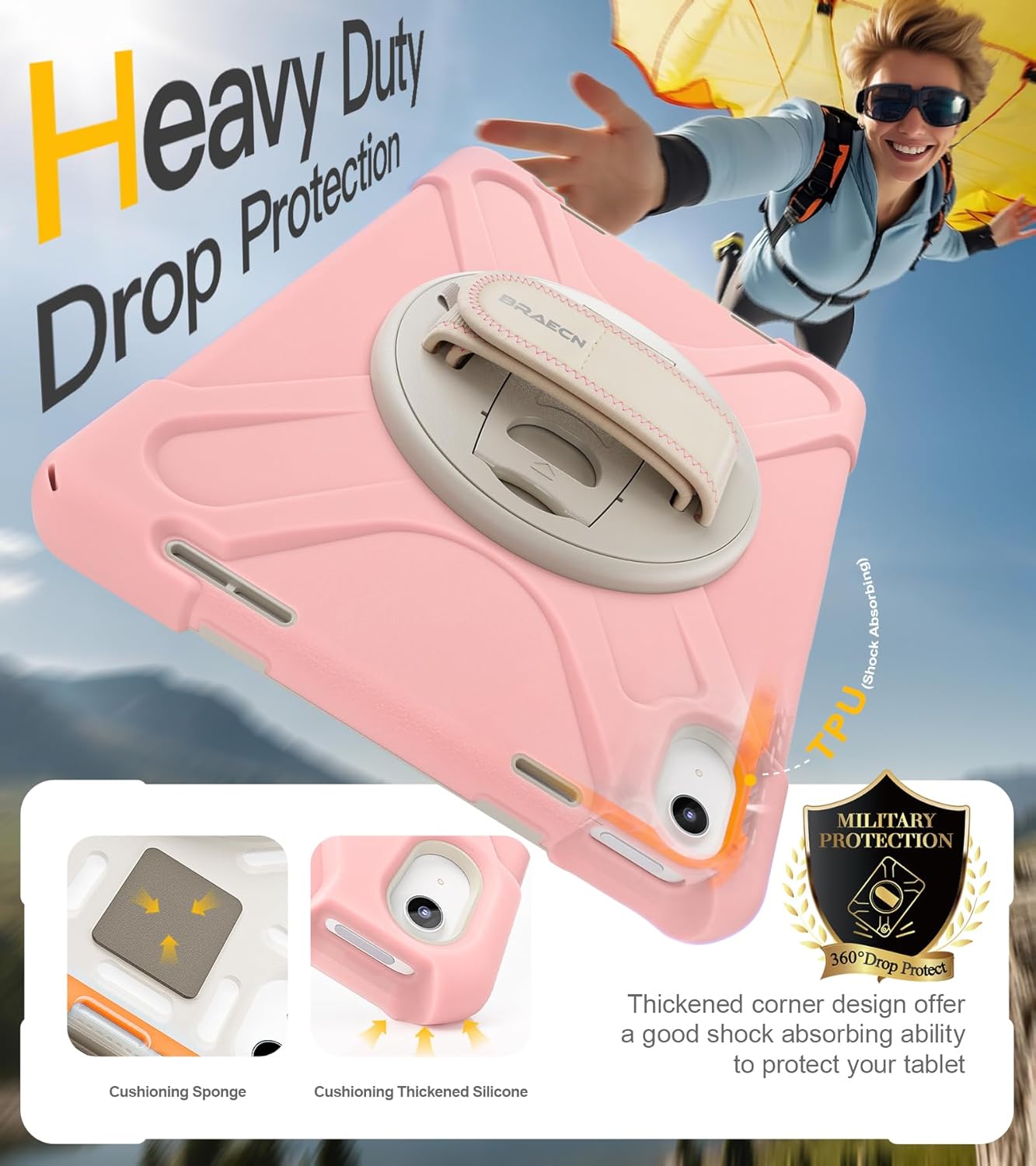 BRAECN for iPad (A16) 11th/10th Generation case 11/10.9 inch 2025/2022 Heavy Duty Shockproof Protective with Pencil Holder Screen Protector 360°Rotating Stand Handle & Shoulder Strap Full Body Cover