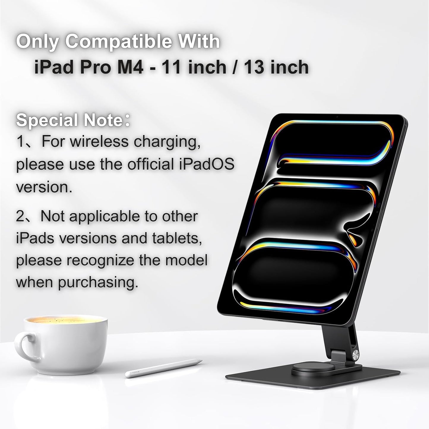Magnetic iPad Pro M4 13-inch Stand with Wireless Charging 18W, 360° Rotating Aluminum Tablet Holder for iPad Pro M4 13-inch, Adjustable Desk Mount Series (M4-13inch)