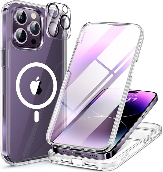 Miracase Magnetic for iPhone 14 Pro Case 6.1 inch, (Compatible with MagSafe) Upgrade Full-Body Clear Phone Bumper Case with Built-in 9H Tempered Glass Screen Protector, Magnetic Clear