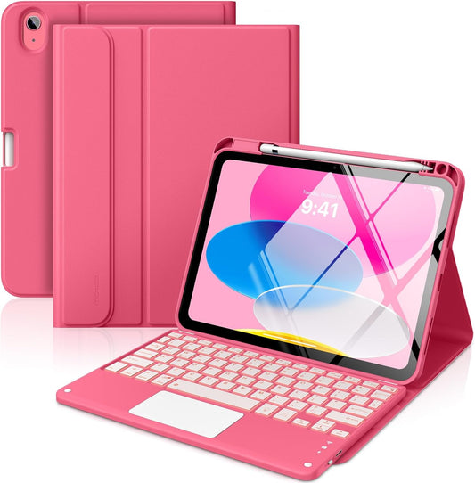MoKo Touch Keyboard Case for iPad (A16) 11th Generation 11 inch 2025, iPad 10th Generation 10.9 inch Case with Pencil Holder, 7 Colors Backlit Multi-TrackPad Detachable Bluetooth Keyboard, Pink