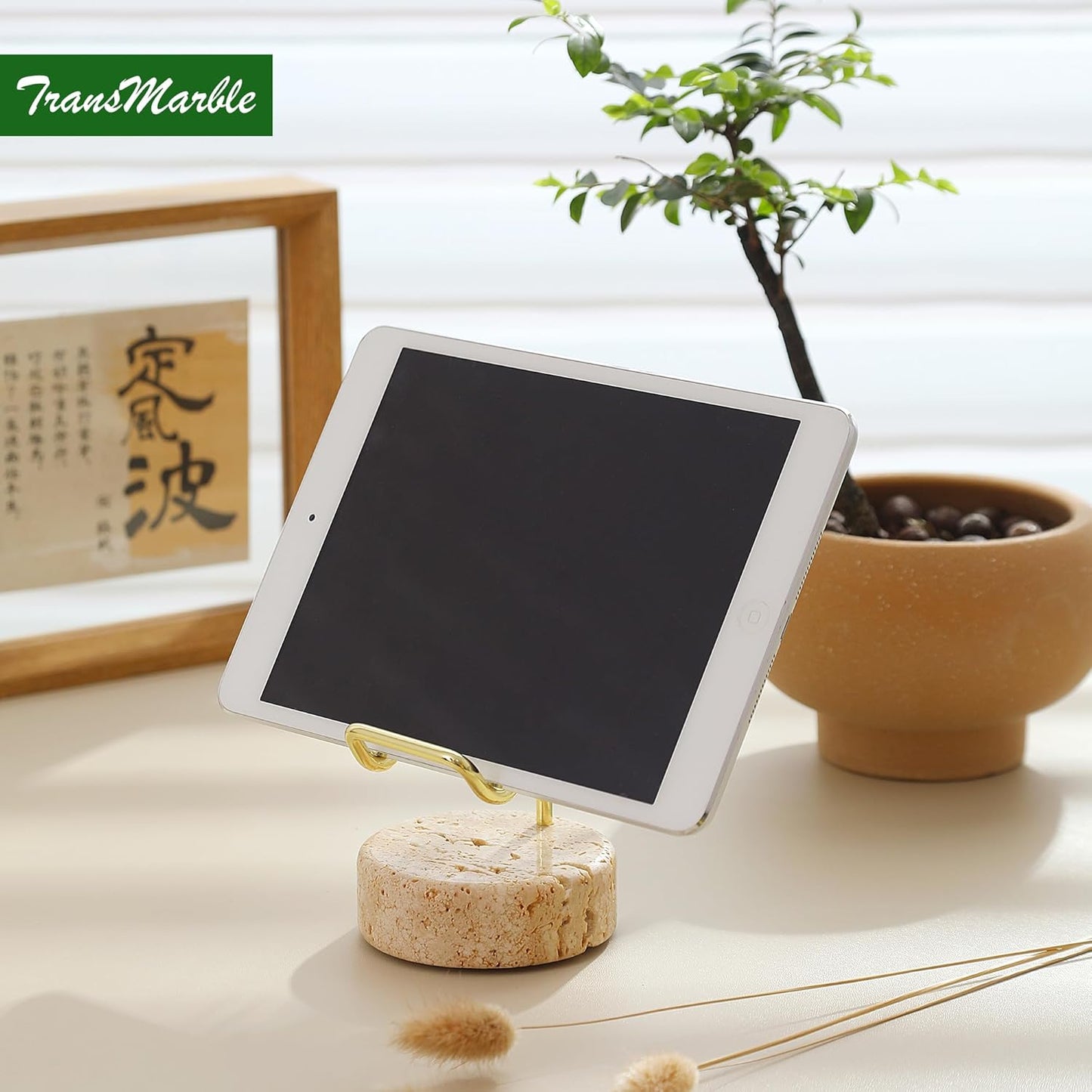 Marble Phone Stand with Metal Holder, Charging Available While Using, Swipe Up to Unlock, Made of Natural Marble as Business Card Holder for Office Desk (Travertine Beige + Gold)