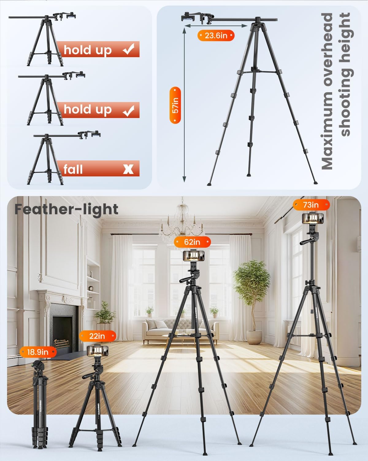 73"-Phone-Tripod-with-Horizontal-Overhead, Selfie Stick/Tall Travel Stand with Wireless Remote and iPhone Holder, Mirrorless/Compact/GoPro/Camera/Compatible/iPhone/Smartphone
