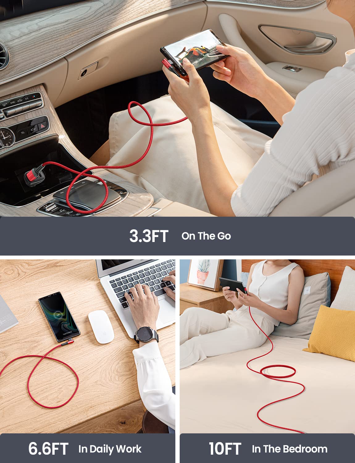 AINOPE USB C to USB Cable [3-Pack 3.3ft/6.6ft/10ft] 3.1A USB Fast Charge Right Angle, Resistant Nylon Braided USB C Charging Cable Compatible with Galaxy S21 S20 Plus, Note 20 10 9, Moto