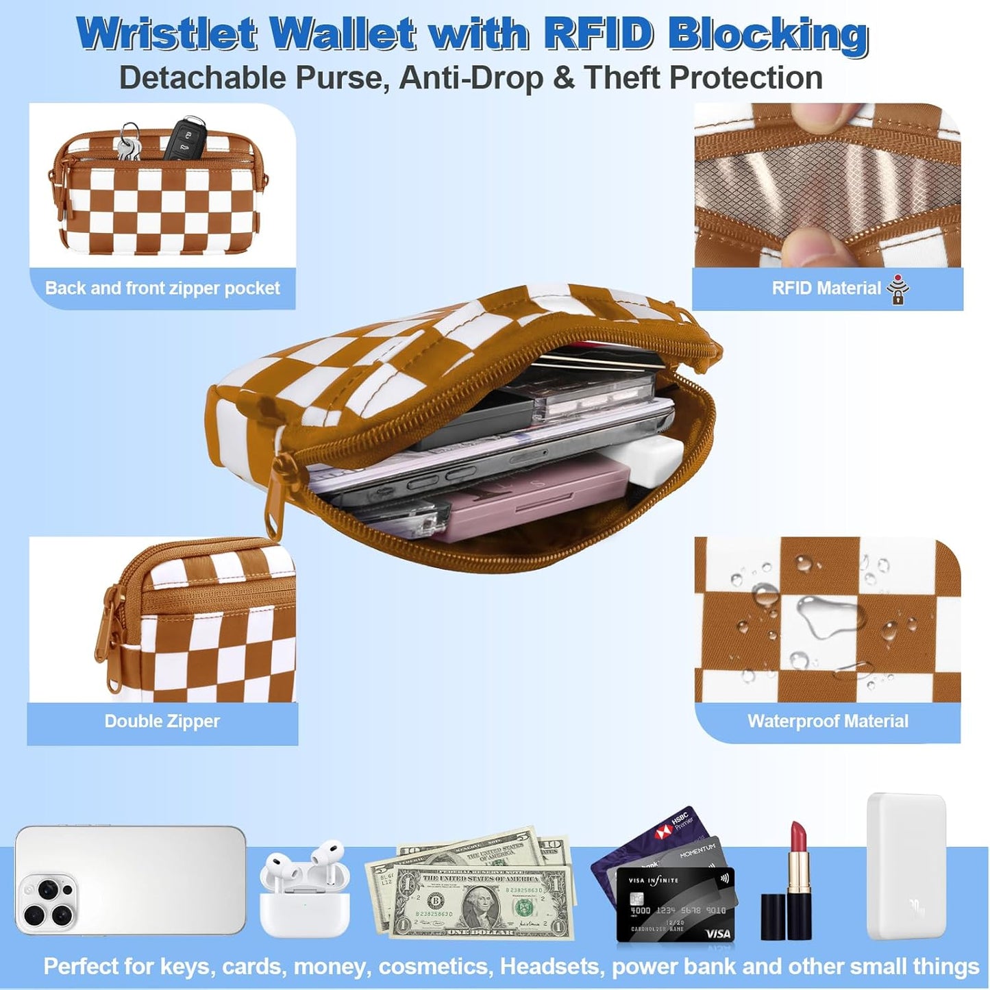 Clip and Go Strap for Phone with Wallet Crossbody, Adjustable Phone Lanyard with Detachable RFID Wristlet Wallet, Phone Strap with Phone Tabs for All Phones, Bronze Checkered (L)
