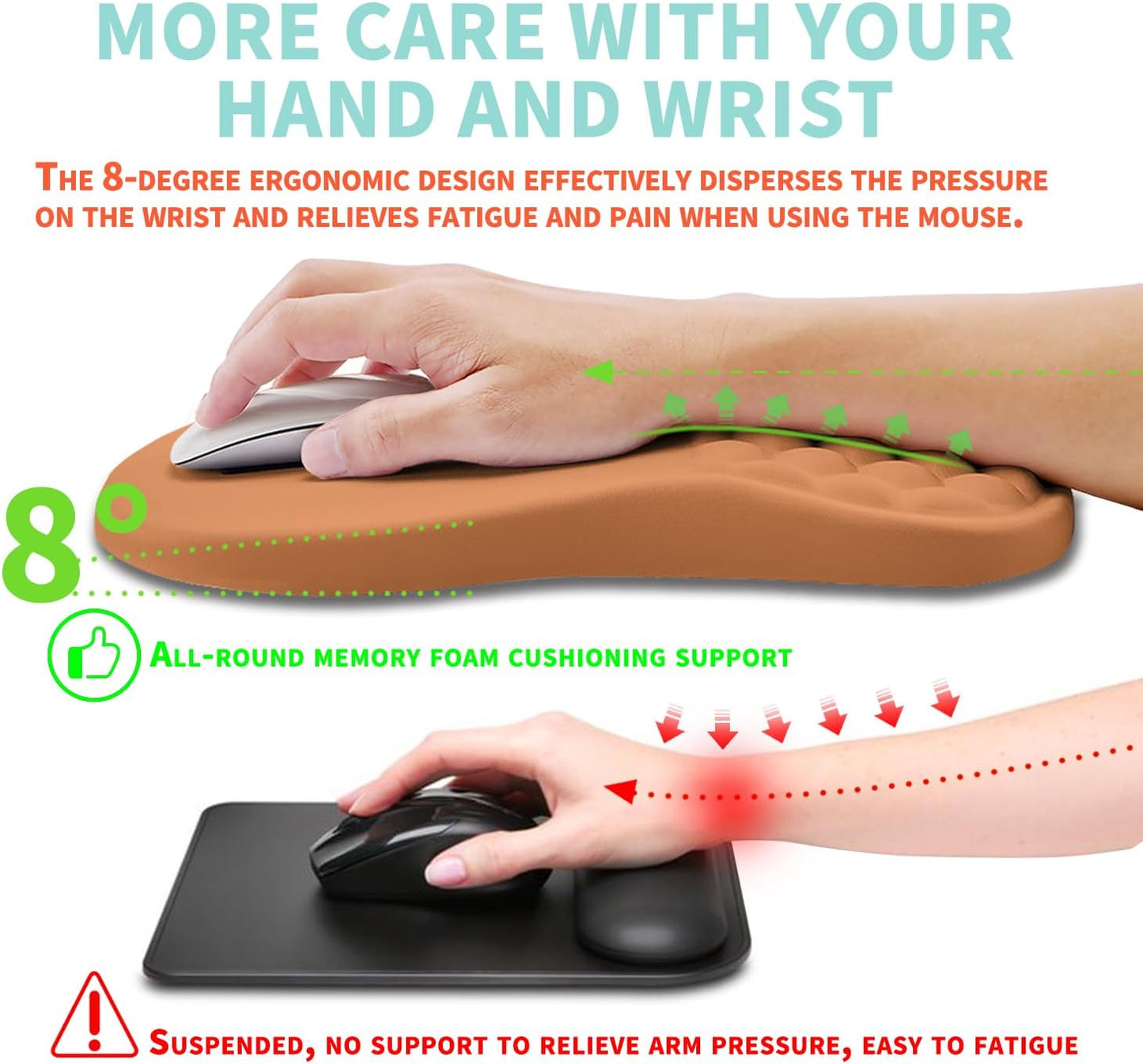 Ergonomic Mouse Pad Wrist Support with Memory Foam Massage Bulge, Carpal Tunnel Pain Relief Mousepad Wrist Rest for Mouse(12x8 inch, Sandy Brown)