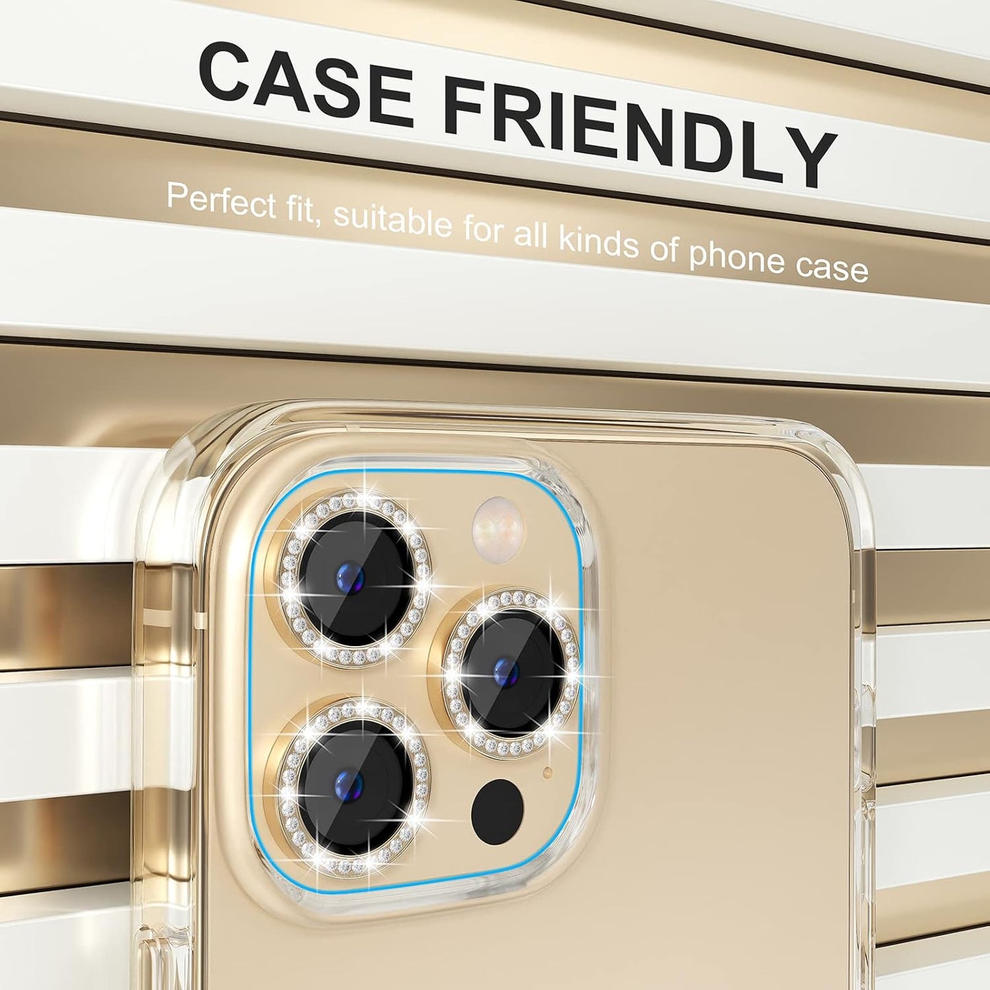 Choiche [3+1 for iPhone 13 Pro/iPhone 13 Pro Max Camera Lens Protector Bling, 9H Tempered Glass Camera Cover Screen Protector Metal Ring Decoration Accessories (Diamond-Gold)