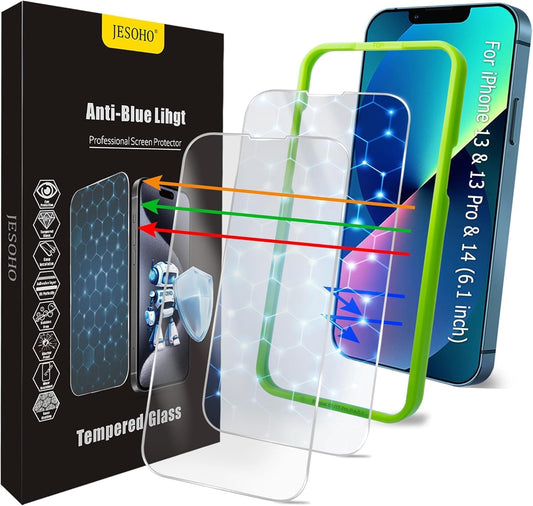Screen Protector for iPhone 16e /13/13 Pro /14 [6.1 Inch], Colorless Anti-Blue Light Tempered Glass Films, HD Clear, 9H Hardness, No Bubbles, Case Friendly 2 pcs