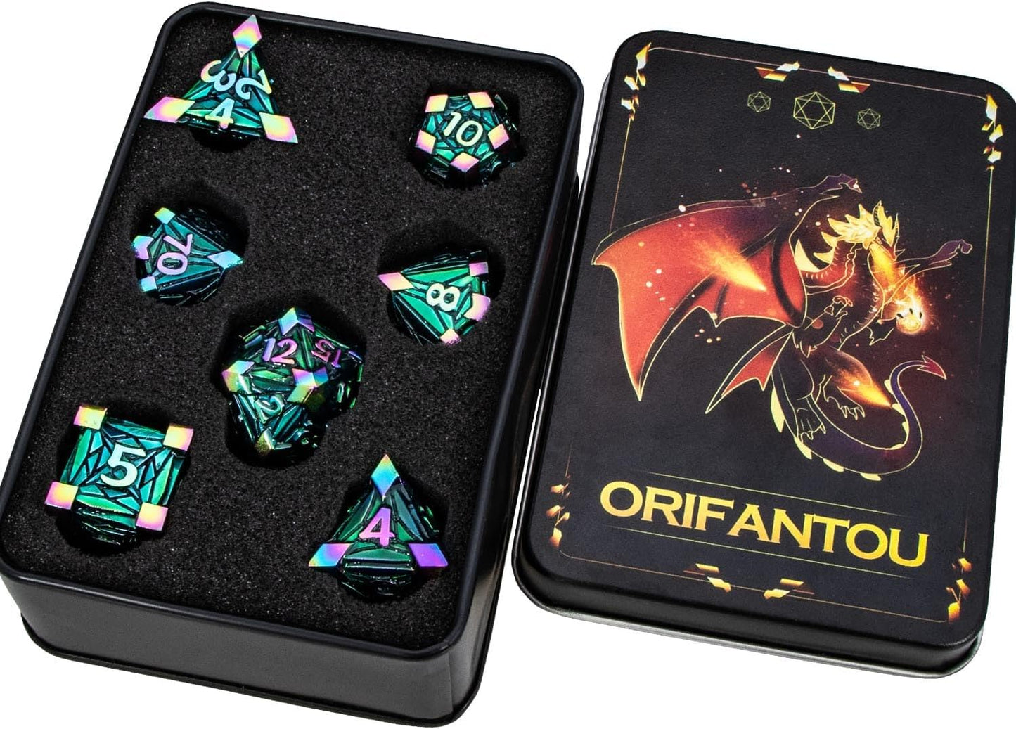 7PCS Metal DND Dice Set with Box, Debris RPG Red D and D Dice for use with D&D Tabletop Games Role Playing Game Polyhedral Dice Set D20 D12 D10 D8 D6 D4