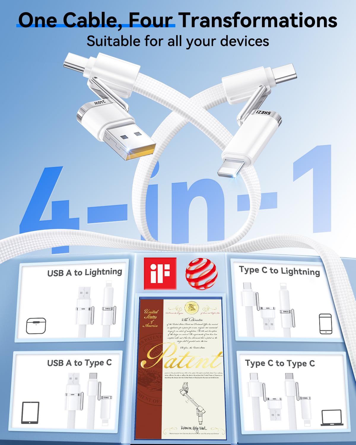 SHEZI 4-in-1 USB C Cable Compatible with Lightning Cable 240W Fast Charging & Data Transfer, Support to CarPlay & Android Auto, 5FT Multi Cords Charger for iPhone/iPad/Samsung/MacBook, White