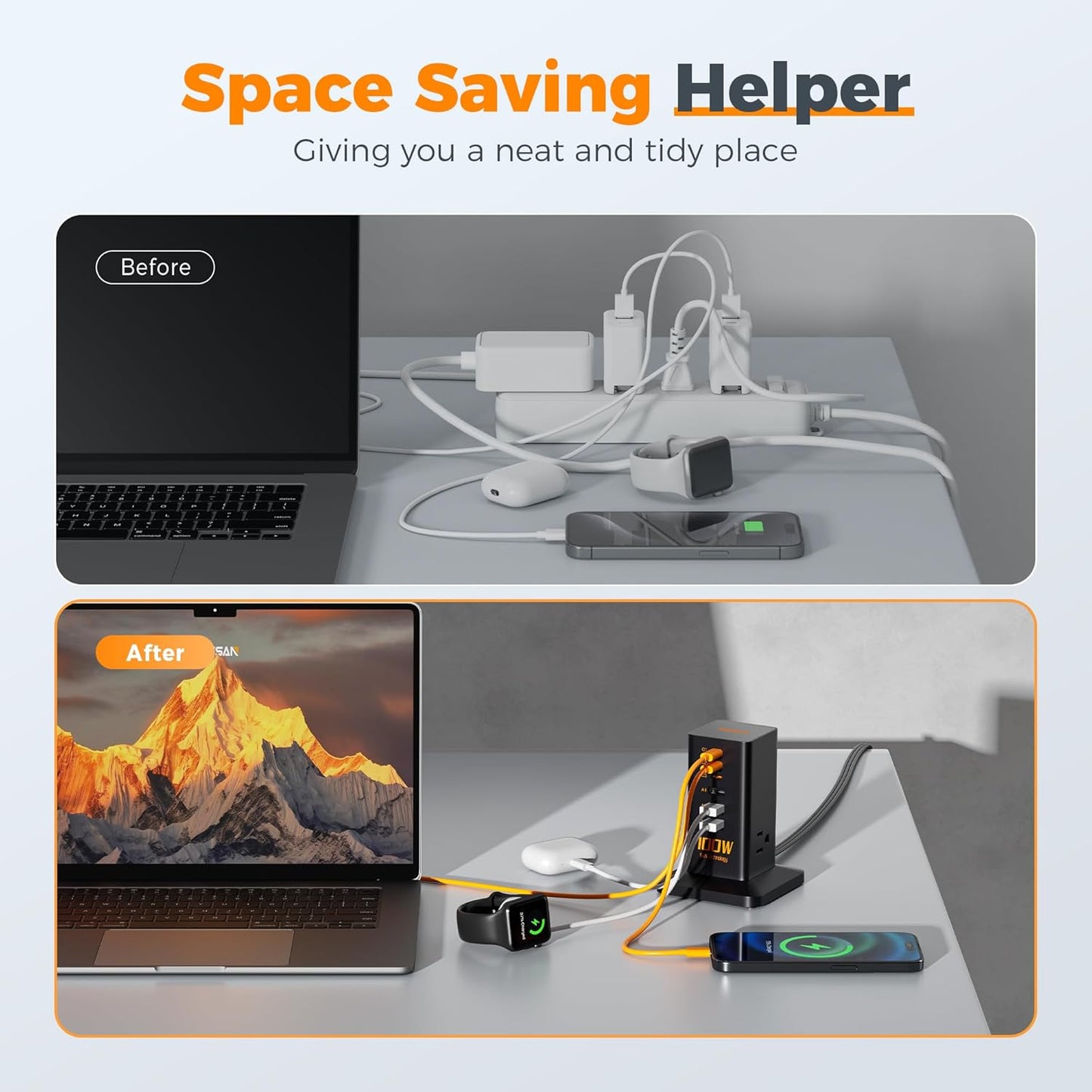 Charging Station PD 100W, TESSAN 9-in-1 USB C Power Strip for iPhone 16/15, MacBook, Tablet, Desktop Phone Fast Charger with 3 AC, 3 USB-A Ports, Home Drom Office Accessories