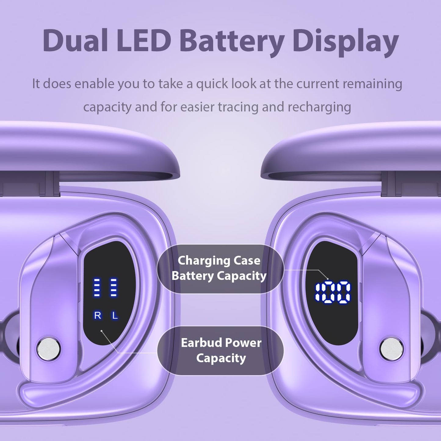 bmanl Wireless Earbuds Bluetooth Headphones 48hrs Play Back Sport Earphones with LED Display Over-Ear Buds with Earhooks Built-in Mic Headset for Workout Purple