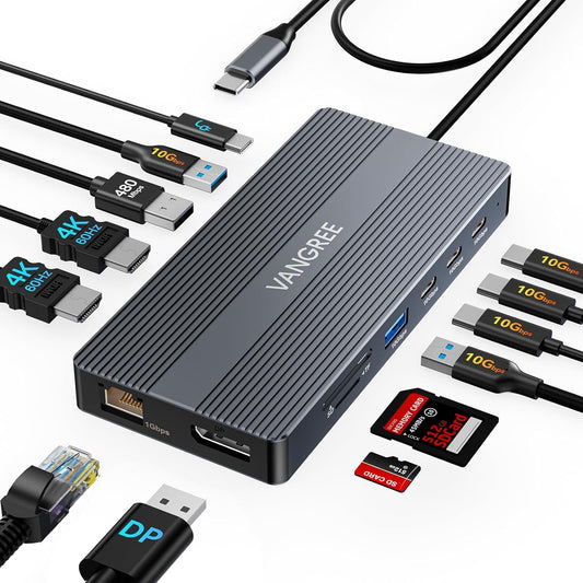 USB C Docking Station, 14 in 1 USB C Hub Multiport Adapter, Triple Display 3 Monitors with Dual 4K@60Hz HDMI+DP, 100W PD, 5xUSB A/C 10Gbps, Ethernet, SD/TF, Audio Ports for Laptop/Lenovo/Dell/HP