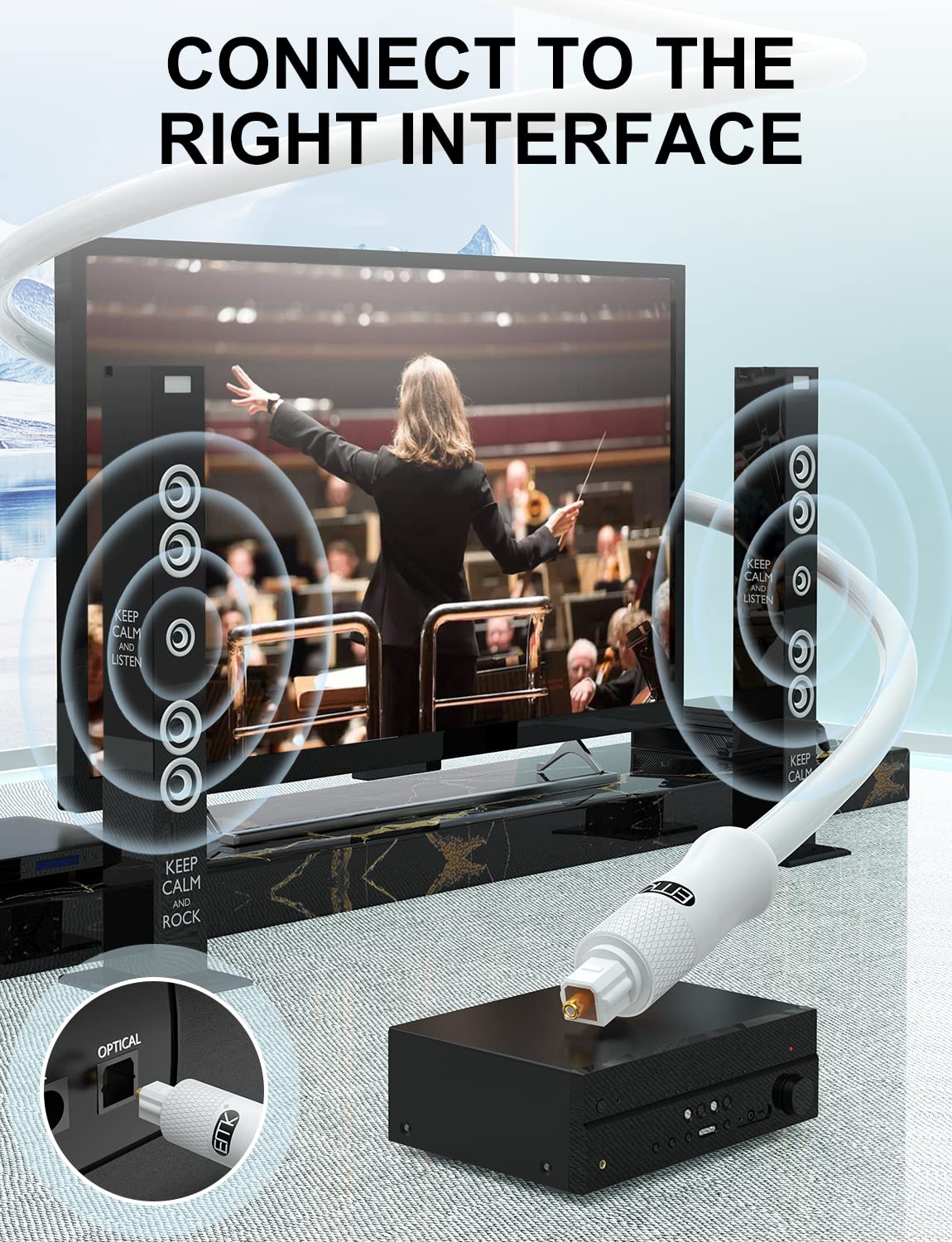 EMK White Optical Audio Cable [1.5ft/0.5M] - Digital SPDIF Toslink Fiber Optic Cable for Sound Bar, TV, Home Theater, Blu-ray Player - White, High-Speed, Low-Loss, Gold-Plated Connectors