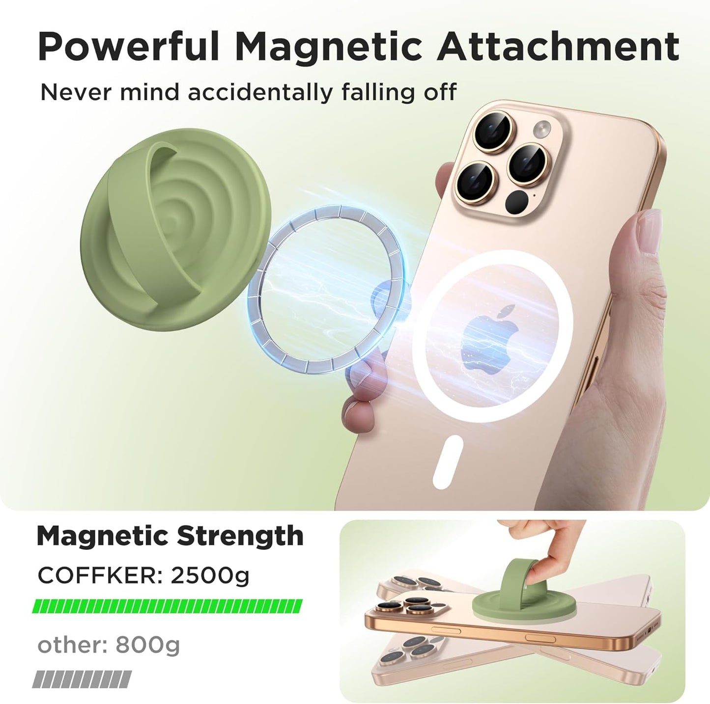 Magnetic Phone Ring Grip Holder, Silicone Finger Loop Grip, Compatible with MasSafe, Back of Phone for iPhone Pro Max/Plus/16/15/15/14/13/12 Series, Tea Green