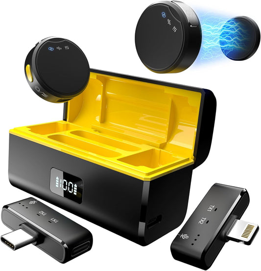 Wireless Lavalier Microphone for iPhone/Android with Lightning/USB C(2 TX+2 RX+Charging Case), Mini Microphone with Noise Cancellation, 35H Battery, Clip on Lapel Mic for Video Recording Vlog