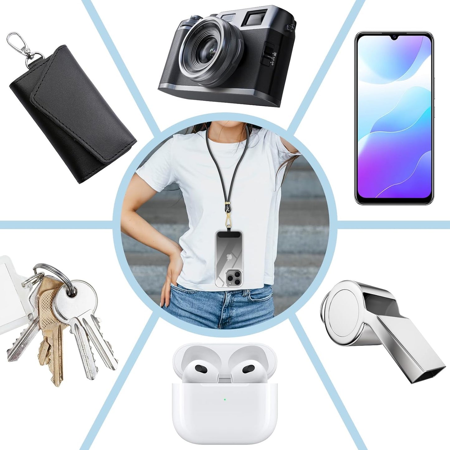 Crossbody Phone Lanyard Strap with 2 Pack Patchs, Adjustable Universal Nylon Neck Strap