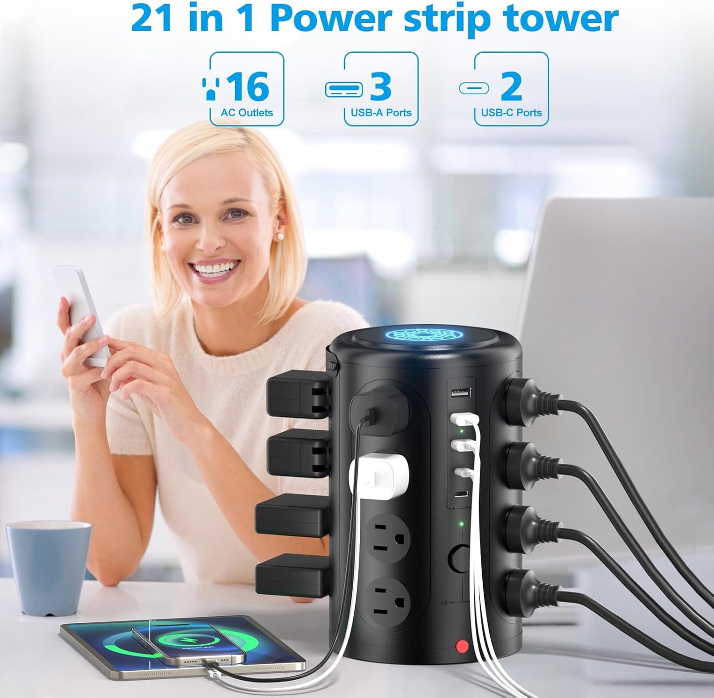 Surge Protector Power Strip - Desk Charging Station with 15W Wireless Charger, Multiple Outlets Charging Station with 16 2300J AC Outlets & 5 USB (2 USB C) Port, for Home, Office, Dorm Room