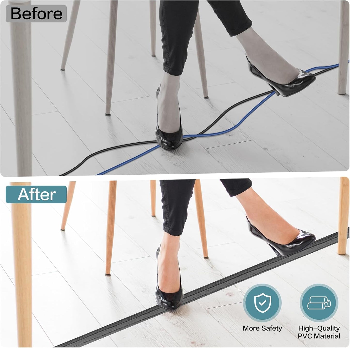 Floor Cord Cover Self Adhesive Cord Hider Floor Extension Cord Covers for Floor Power Cord Protector Cable Management Prevent Cable Trips Cable Cavity 0.59" W x 0.31" H (Deep Grey Wood, 3.3Ft)