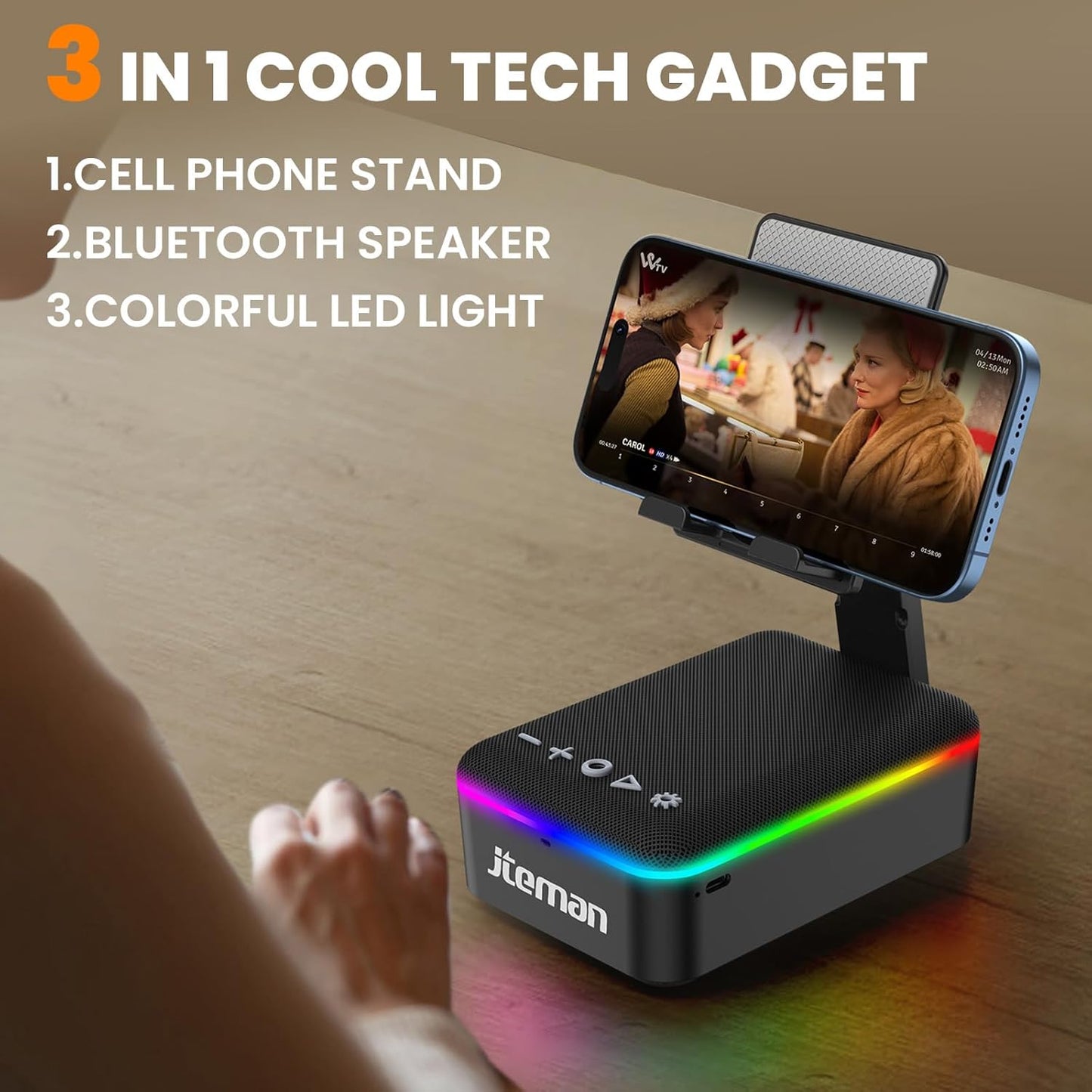 JTEMAN Gifts for Men Women,Cell Phone Stand with Bluetooth Speaker,LED Light,and Lanyard,Cool Tech Gadgets,Unique Birthday Gifts for Men Husband Mom Dad