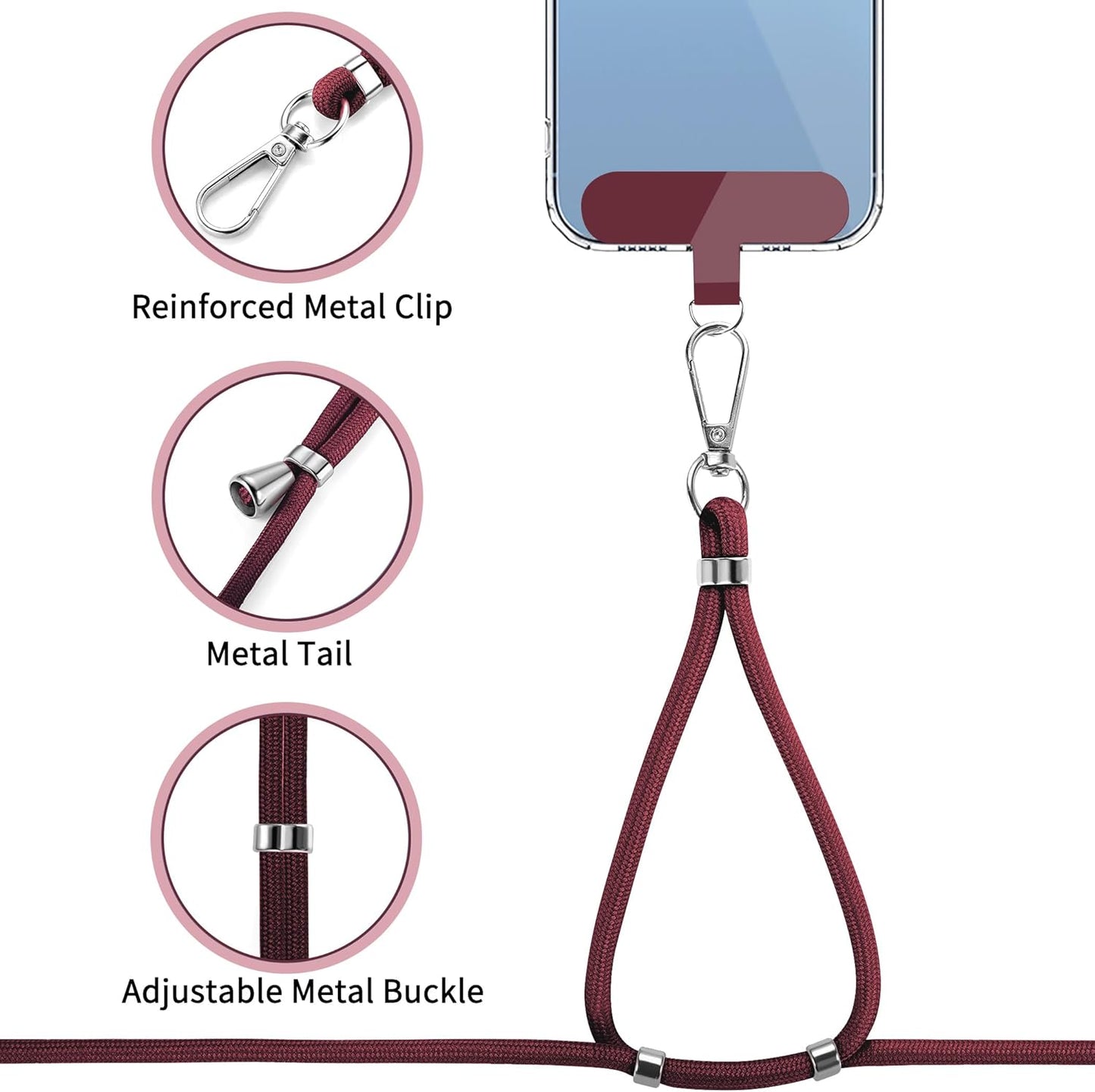 CACOE Phone Lanyard 2 Pcs-1 Pcs Adjustable Neck Strap, 1 Pcs Wrist Strap, 2 Pcs Pads, Universal Crossbody Multifuctional Cell Phone Lanyards Compatible with Most Smartphones(Dark Red)