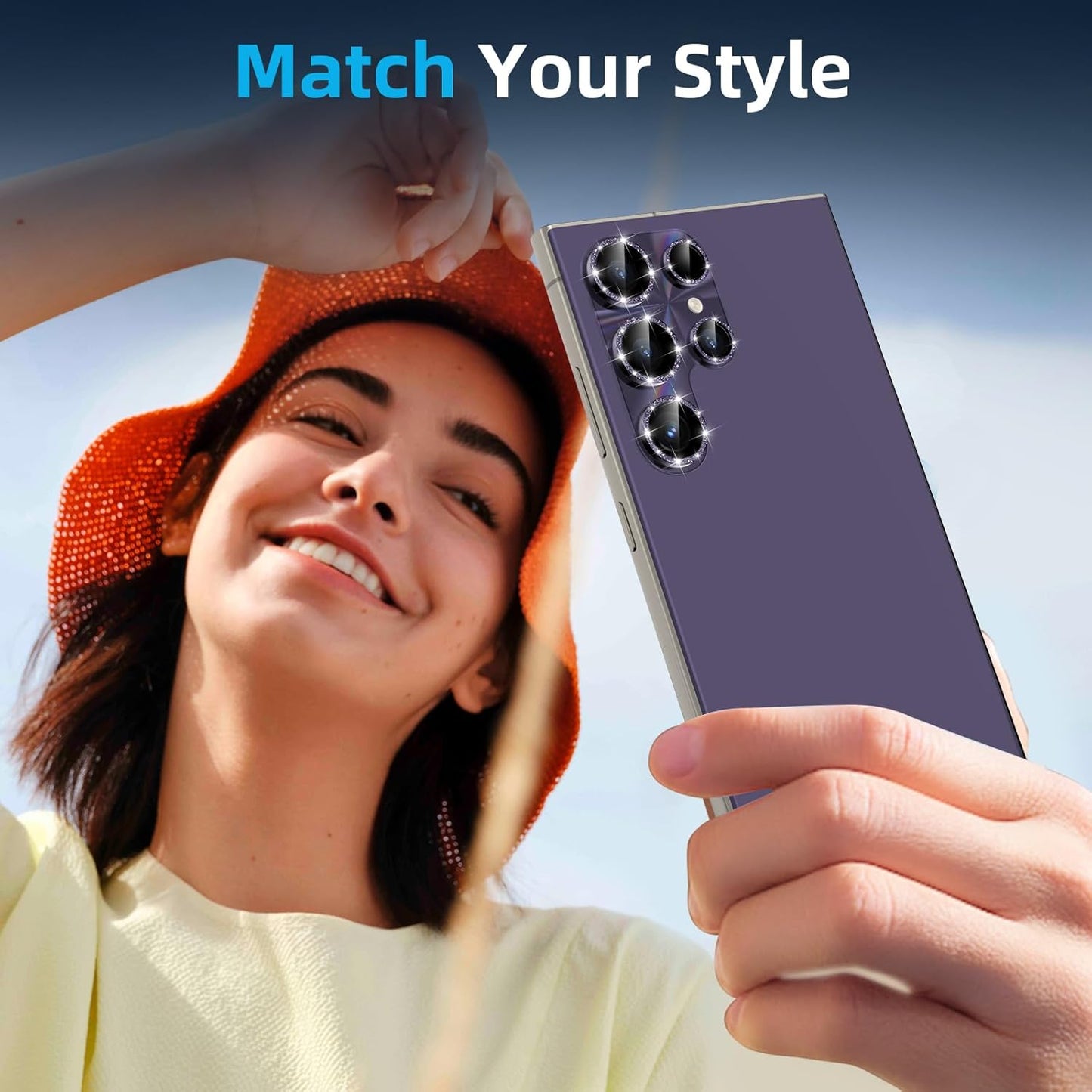 YWXTW Camera Lens Protector for Samsung Galaxy S24 Ultra, [Lithography Laser Gradient] [5X Strengthen] Bling Glitter Tempered Glass Screen Protector Metal Ring Camera Lens Cover (Titanium Violet)