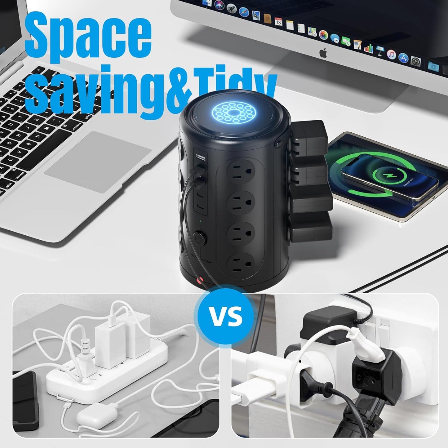 Surge Protector Power Strip - Desk Charging Station with 15W Wireless Charger, Multiple Outlets Charging Station with 16 2300J AC Outlets & 5 USB (2 USB C) Port, for Home, Office, Dorm Room