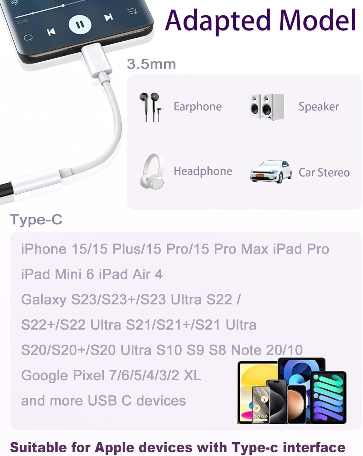 USB Type C to 3.5mm Female Headphone Jack Adapter 2 Pack, USB C to Aux Audio Dongle Cable Cord Compatible with iPhone 16 15 Series, S24/S23 Ultra, iPad Pro, MacBook, Pixel XL More Type-C Devices