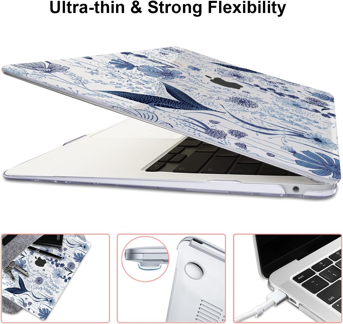 Compatible with 2018 2019 2020 2021 MacBook Air 13 inch Case M1 A2337 A2179 A1932, Clear Printed Pattern Hard Shell Case & Keyboard Cover for Mac Air 13 M1 Touch ID, Navy Blue Wild Flowers