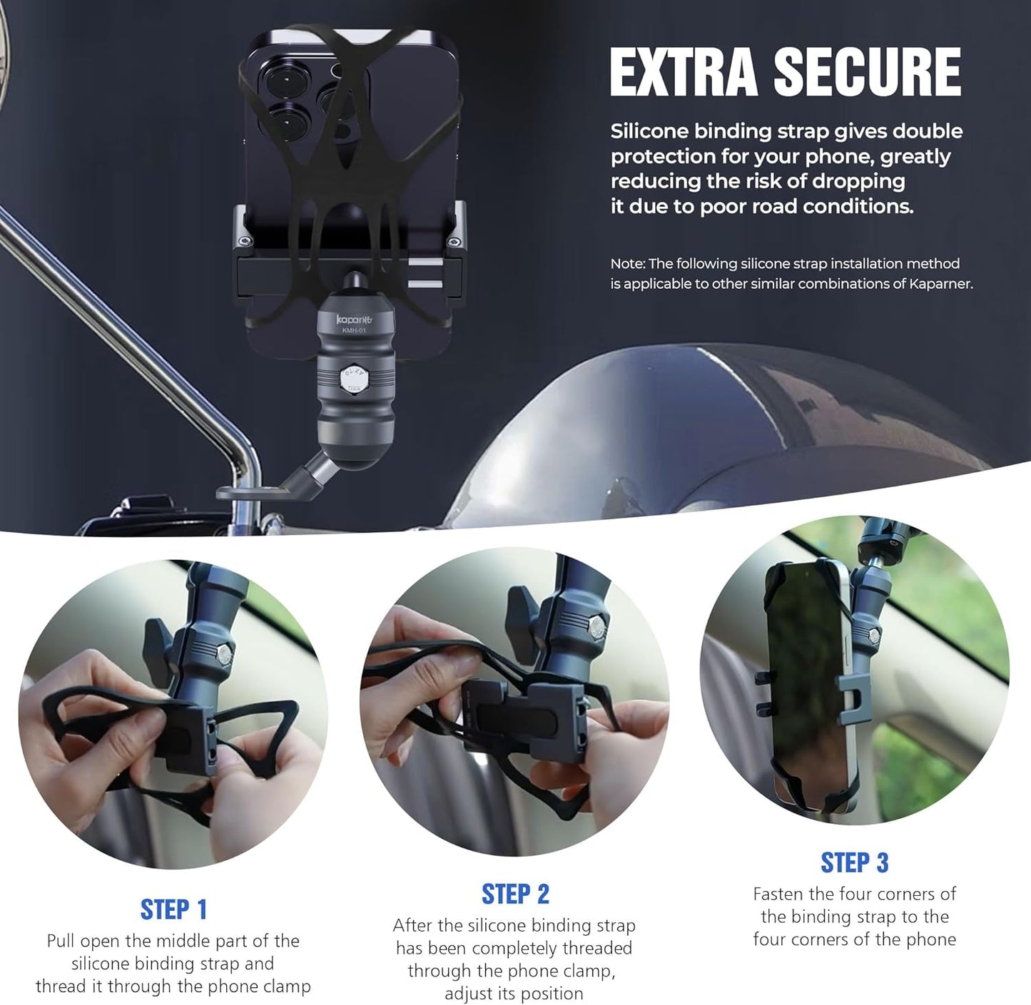 Motorcycle Phone Clip Kit, Anti-Theft Double Socket Arm/Angled Bolt-Head Adapter Ball Base for Mirrors Lever or Round Bar, Suitable for Width of 2.56-3.74" Phone (KPS-04)