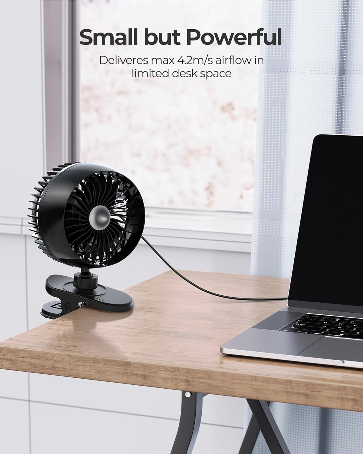 Koonie USB Clip on Fan, Strong Wind Ultra Quiet Small Desk Fan with Strong Clamp, More Than 360° Adjustable, 3 Speeds USB-C Corded Powered, Mini Personal Fan for Home Office Desktop Black