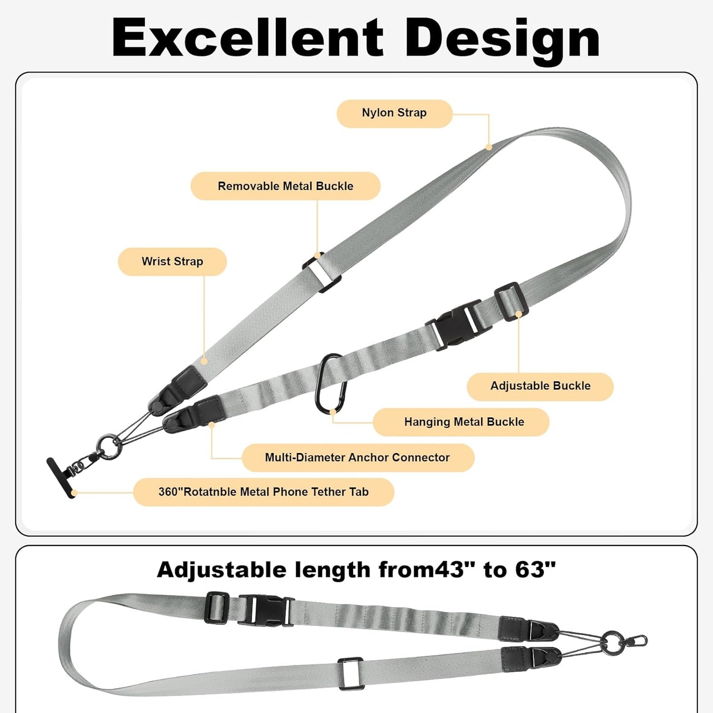 Adjustable Crossbody Phone Lanyard, Universal Phone Wrist Strap and Phone Neck Strap with Tether Tab, Phone Lanyard with Quick Release, Suitable for iPhone and Most Smartphones, Grey