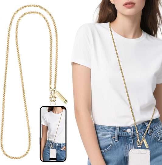Metal Phone Chain, Crossbody Detachable Phone Lanyard with 1*Wrist Strap & 2* Tether Tabs for iPhone and Smartphones (Gold,Long)