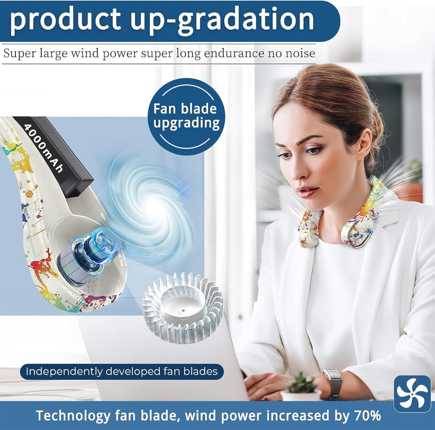 Neck Fan, Bladeless Neck Fan, USB Rechargeable Personal Fan, 4000 mAh Battery Operated Wearable Fan, 3 Speeds Adjustable,Faster Cooling, Ultra Quiet, Suitable for Home, Office, Travel, Sports