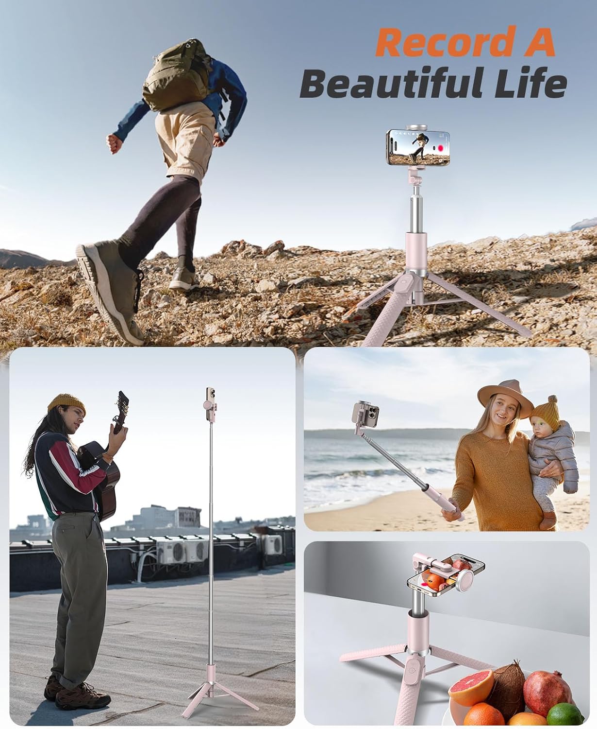 62" Phone Tripod & Selfie Stick, Tripod for iPhone with Remote, All-in-1 Cell Phone Stand, Portable, Extendable Stand for Selfies Video Recording Vlog, Compatible with iPhone Android (Pink)