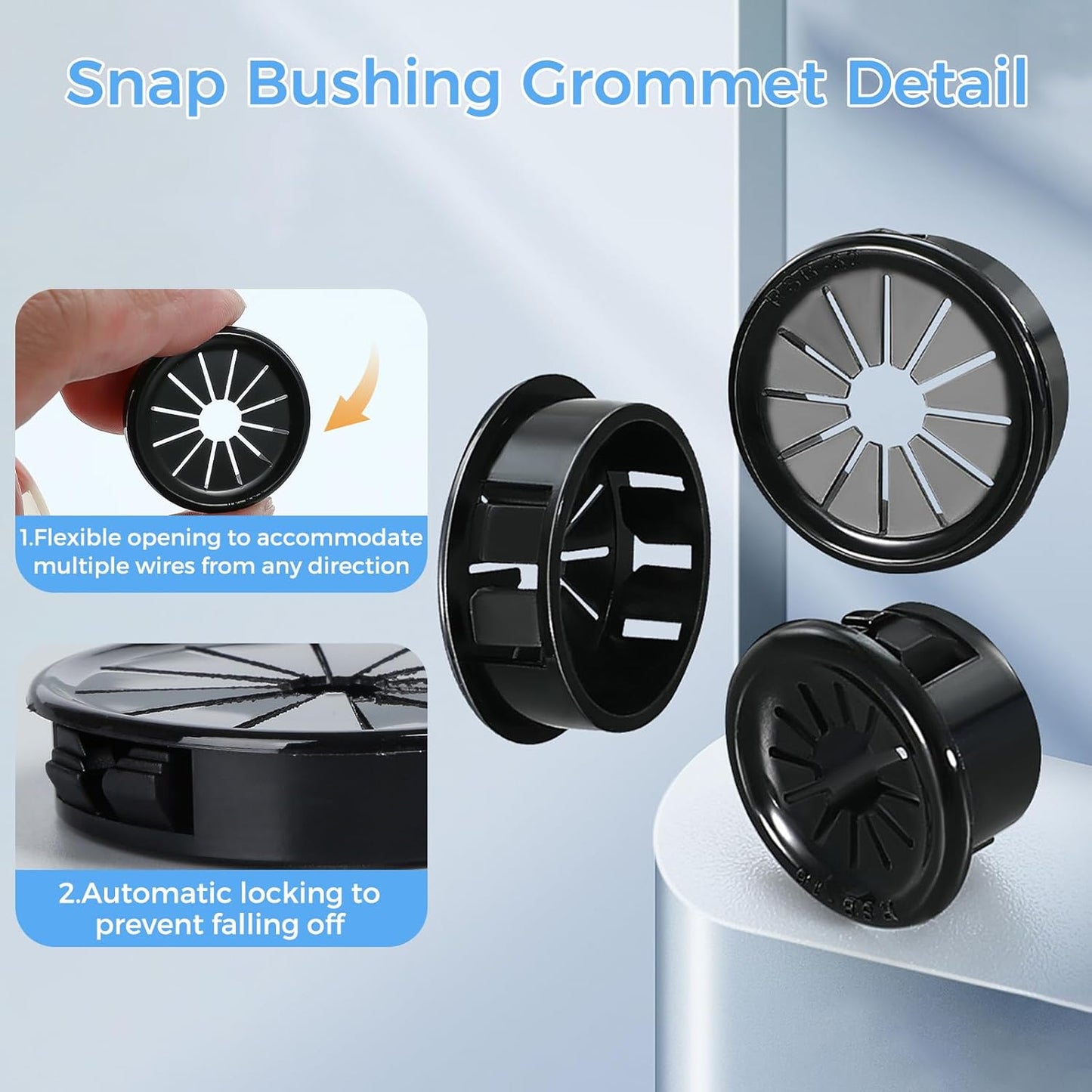 8 Pcs Cable Grommet, Snap Bushing 2" (50 mm) Mounting Diameter, Flexible Petal-Shaped Buckle Round Nylon Desk Grommet for Wires Through Countertop Cord Organizer and Protection, Black