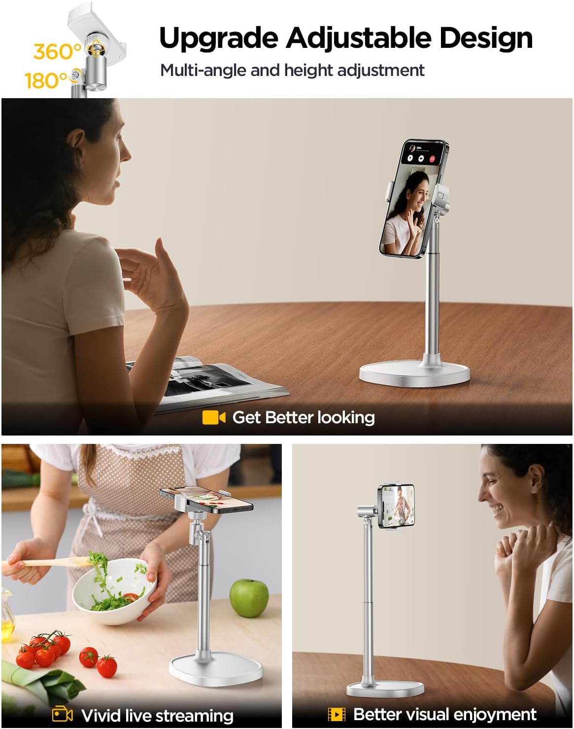 DIMONCOAT Adjustable Aluminum Alloy Cell Phone Stand - White, Universal Compatibility with 4-7 inch Devices, 180° Flip & 360° Rotation