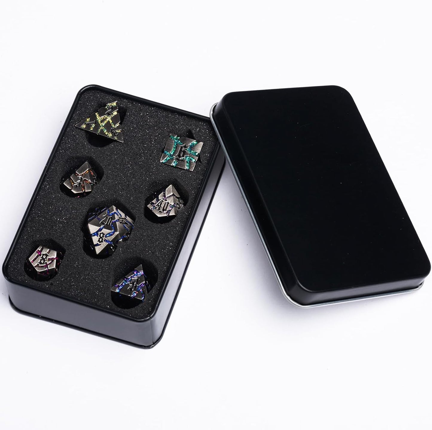 Metal Dice Set D&D,Crack Metallic DND Dice Set with Box, Metal Glitter RPG Dice for Dungeons and Dragons Table Game(Antique Nickel 7 Colors)