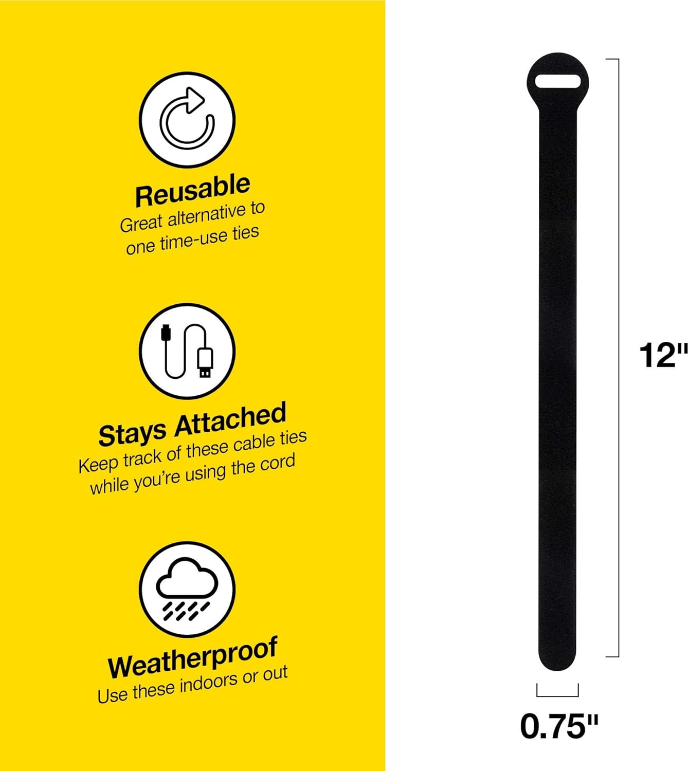 Self-Gripping Cable Ties by Wrap-It Storage, Black, 12 Inch Straps (20-pack) – Reusable Hook and Loop Cord Organizer Cable Ties for Cord Management and Desk or Office Organization