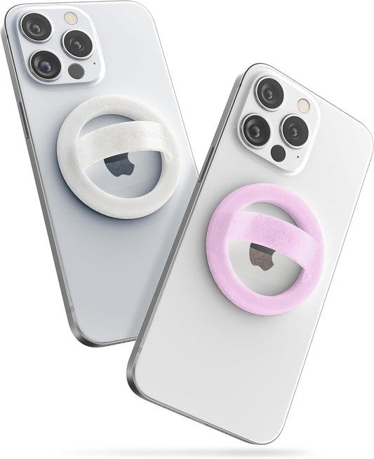 2-Pack Magnetic Phone Grip Holders for iPhone, Compatible with MagSafe (Soft-Touch Silicone) Cute Finger Loops for Women, Comfortable and Secure Fit (Clear Sparkle & Glitter Pink)