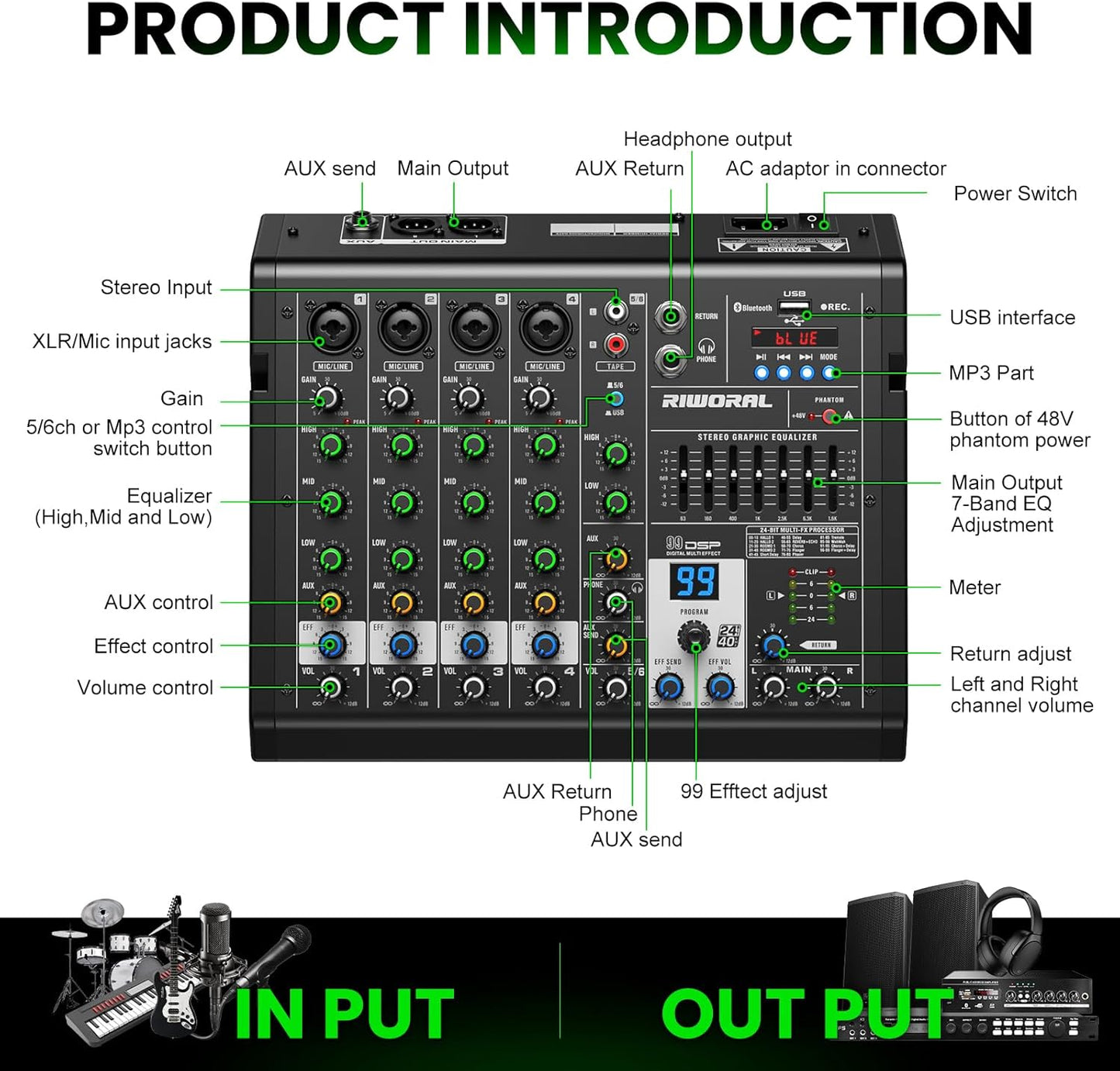 6 Channel Audio Interface Dj Mixer Soundboard Console 99 Dsp Reverb Delay Effect USB Bluetooth Studio Audio Mixer +48V Phantom Bluetooth for Karaoke Streaming Recording, Live Broadcast