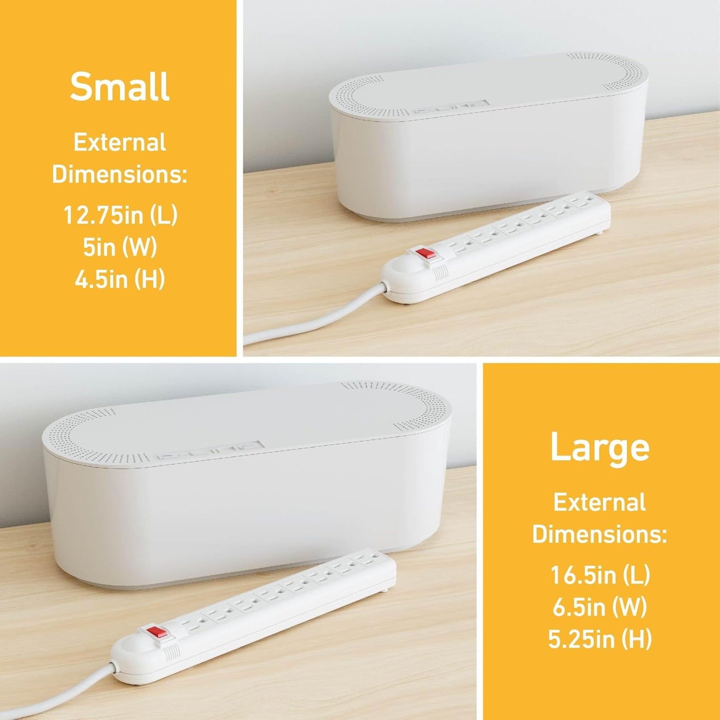 D-Line Cable Management Box, Power Strip Holder, Floor Outlet Hider, Desk Cord Organizer, Cover TV Wires, 12.75" (L) x 5" (W) x 4.5" (H), for use with Power Strips up to 10.5in Length - Small, White