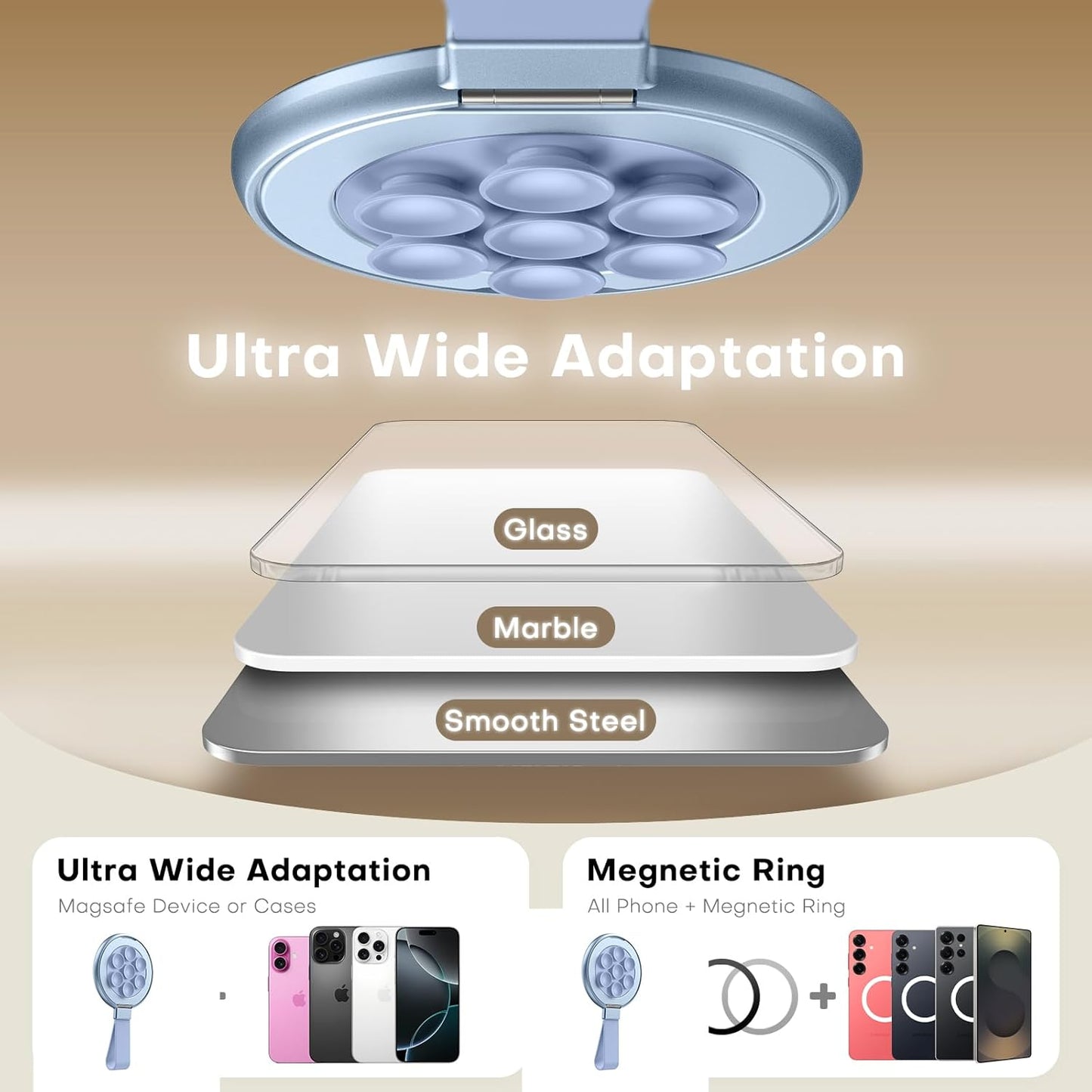 TAURI for Magsafe Suction Phone Grip - Universal Magnetic Suction Grip, 360° Rotating Hands-Free Holder, Silicone Suction Grip for iPhone 16 Pro Max/15/Android/S25,Blue